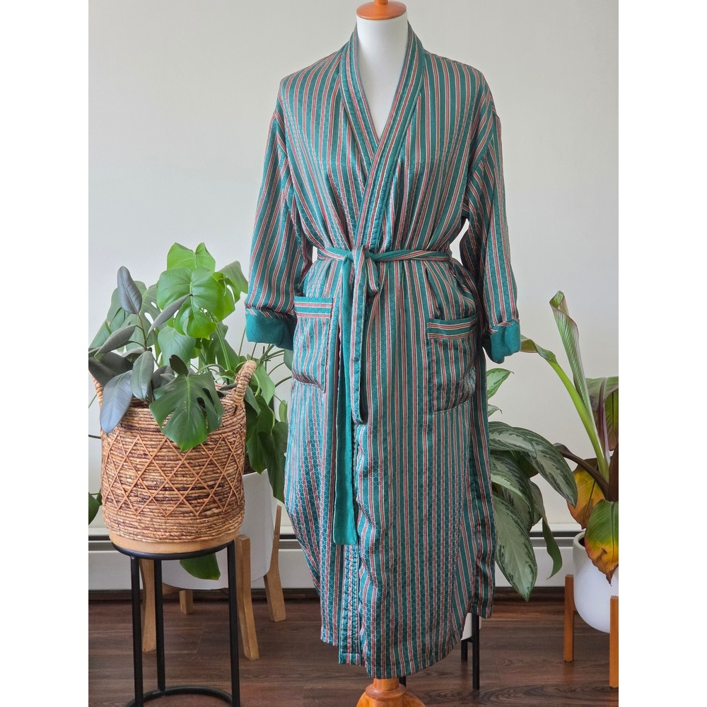 Vintage Victorias Secret Gold Label Teal Striped Terry Lined Long Robe P/S